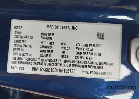 2022 Tesla Model 3 Long Range Dual Motor All-Wheel Drive z USA, uszkodzony, nr VIN 5YJ3E1EB1NF195730
